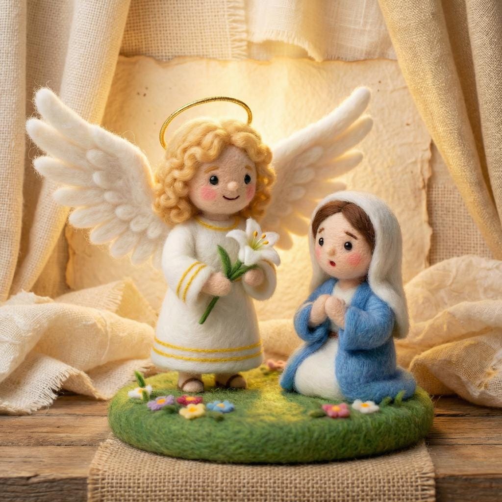 Needle felt angel figurine by Jiajia Felt Studio, Christian faith decor, soft woolen angel with delicate features for religious interior decoration.