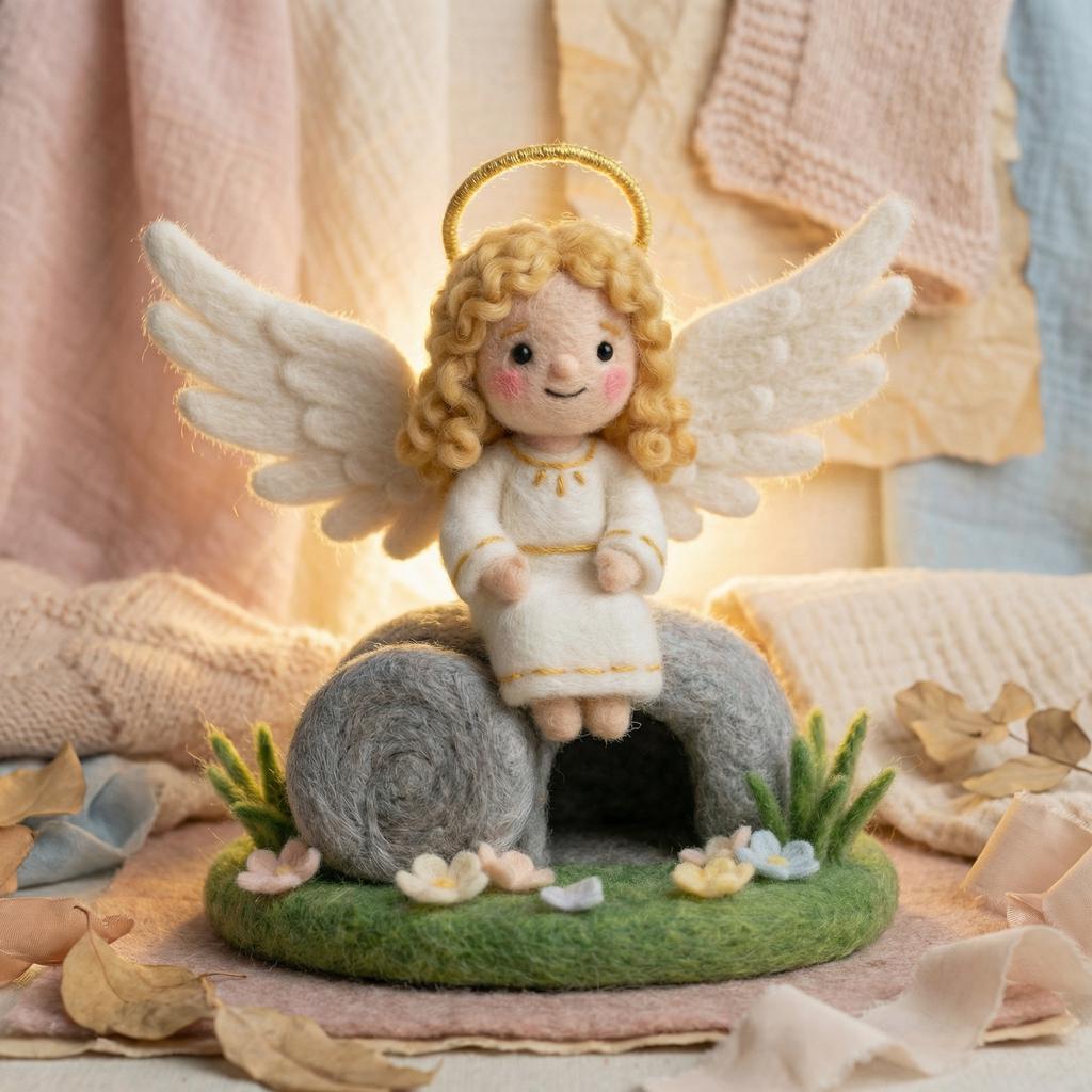 Needle felt angel figurine from Jiajia Felt Studio, Christian faith decor featuring a detailed, handcrafted religious angel figure.