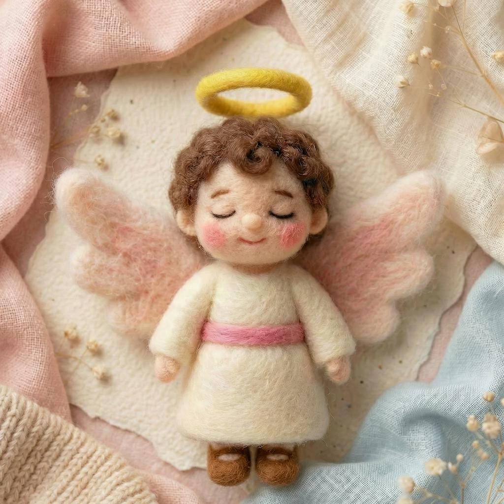 Needle felt angel figurine by Jiajia Felt Studio, Christian faith decor with detailed angel design and soft needle felt texture.