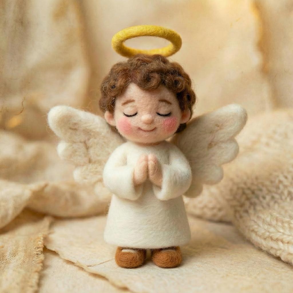 Needle felt angel figurine by Jiajia Felt Studio, Christian faith decor, showcasing a detailed handmade religious angel sculpture.