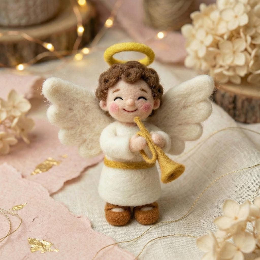 Needle felt angel figurine by Jiajia Felt Studio, Christian faith decor with a detailed, handcrafted religious ornament.