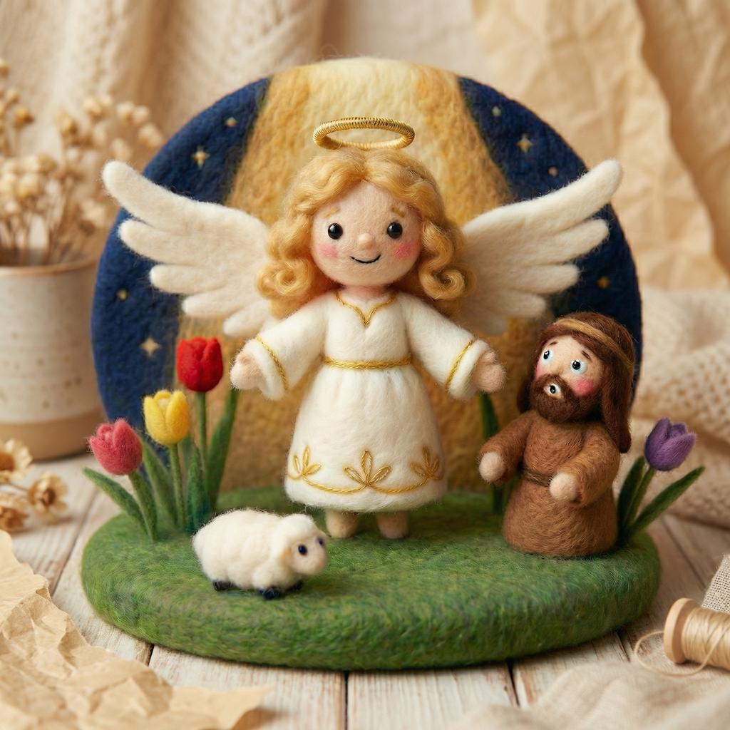 Needle felt angel figurine from Jiajia Felt Studio, Christian faith decor with detailed needle felted angel holding a small cross.