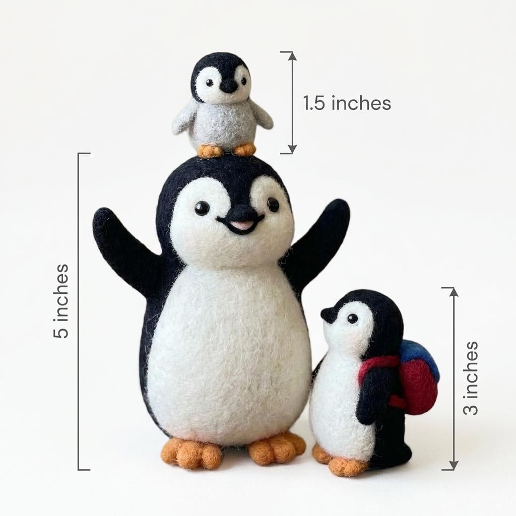 Needle felted penguin family figurines by wwwilovefelt, magnetic wool nursery decor and keepsake display with detailed penguin characters.
