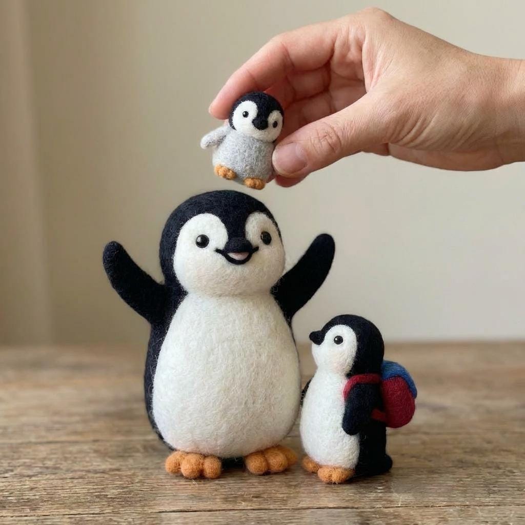 Needle felted penguin family figurines by wwwilovefelt, wool nursery decor with magnetic features, perfect keepsake display.