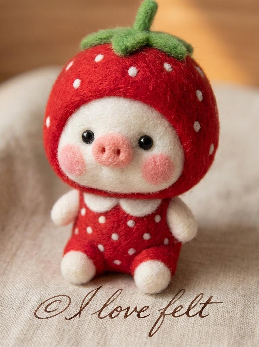 Needle felted pig figurine from wwwilovefelt, wool desk buddy with fruit details, perfect as a Mother's Day gift or decorative piece.