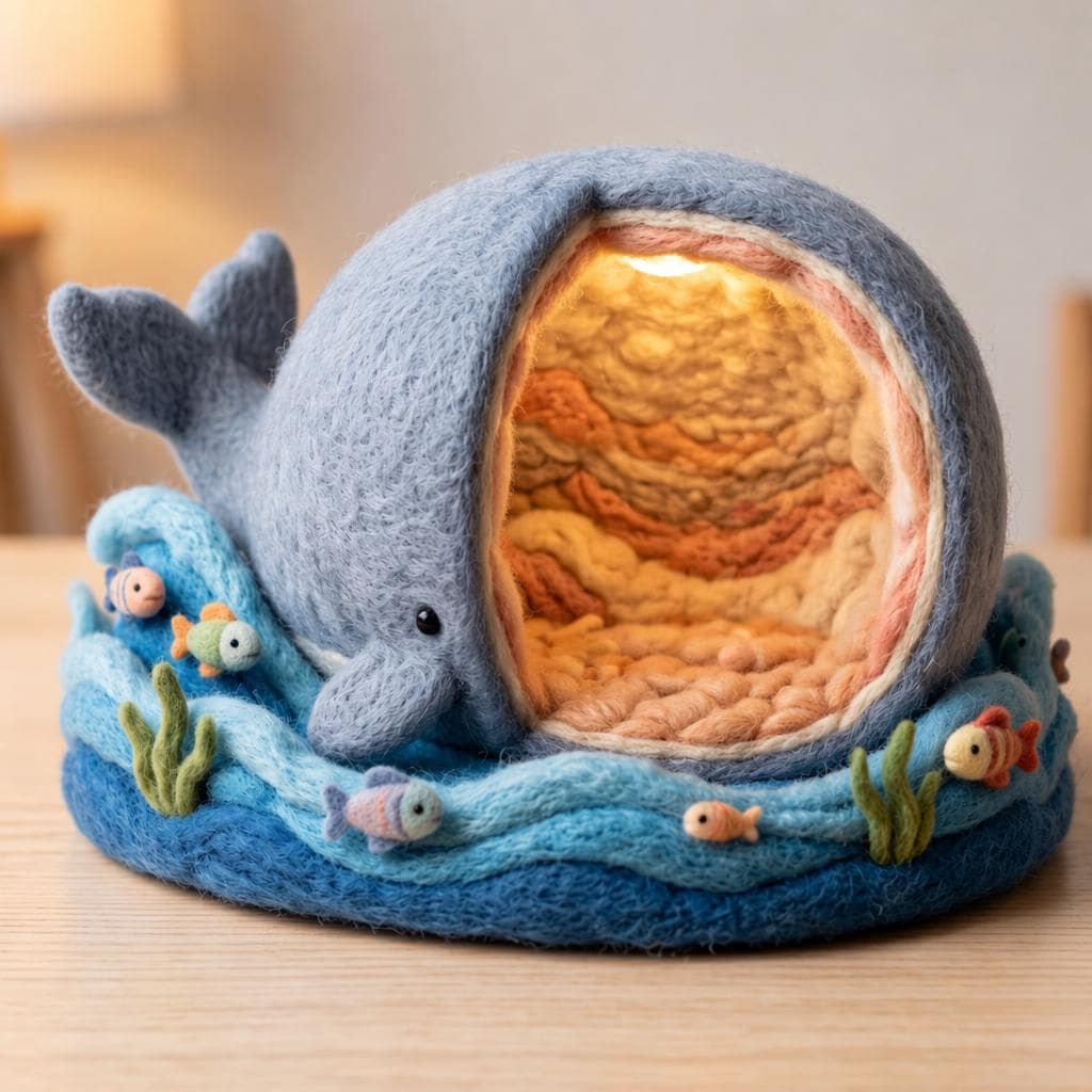 Needle felt Jonah and the Whale figurine by Jiajia Felt Studio, Christian faith decor, handmade religious craft with detailed wool design.
