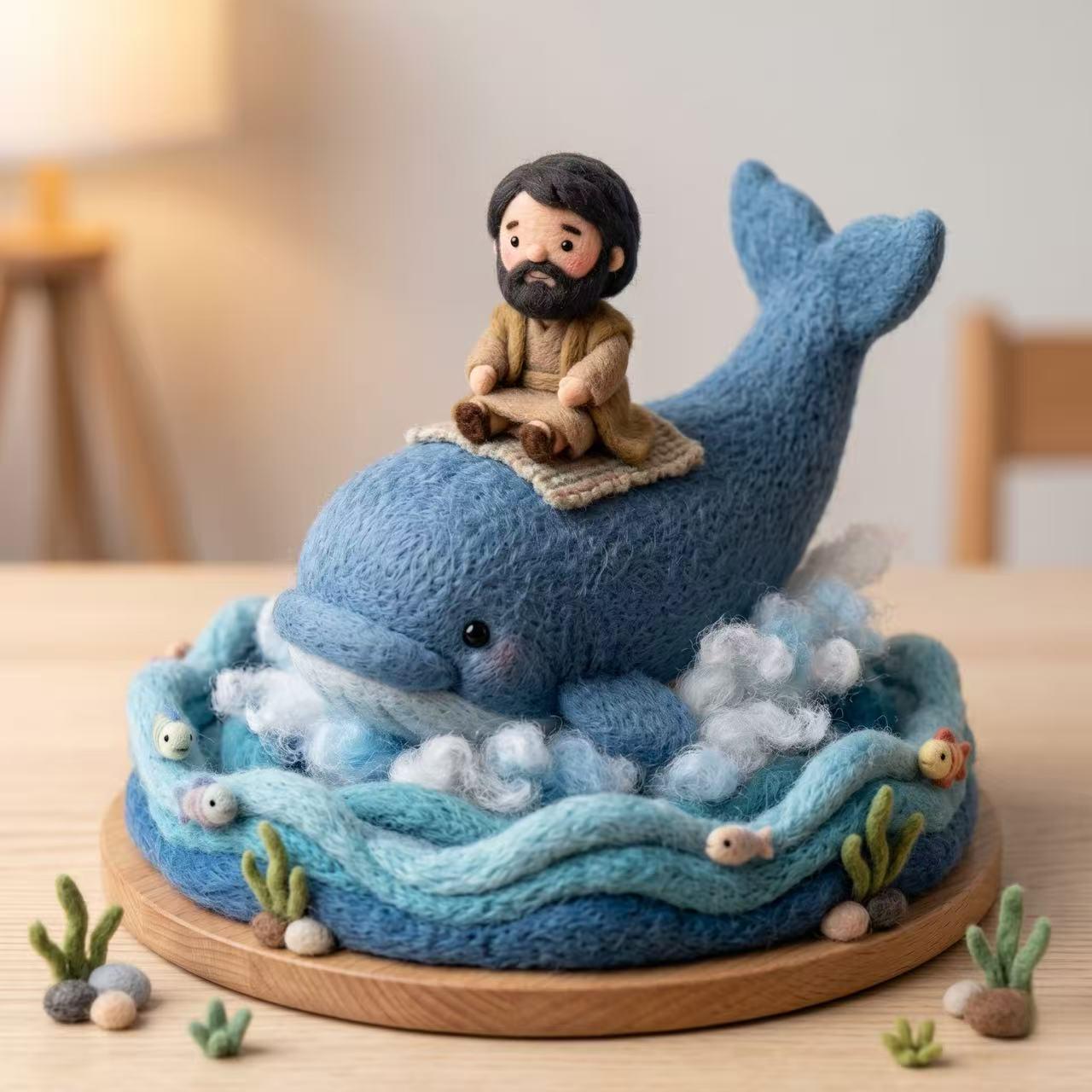 Needle felt jonah and the whale figurine ¨C side angle showing handcrafted wool texture and details.