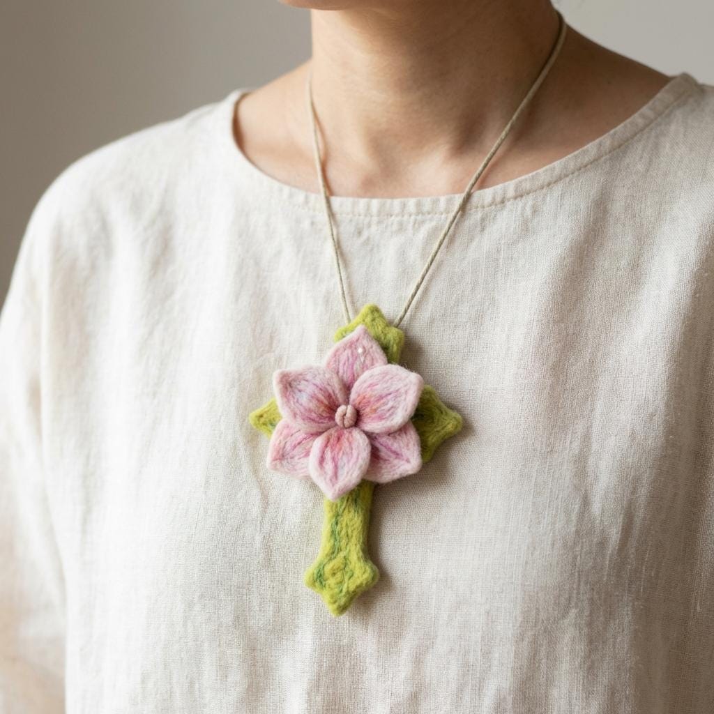 Hand felted wool floral cross pendant from Jiajia Felt Studio, showcasing intricate felt jewelry with colorful flower details.