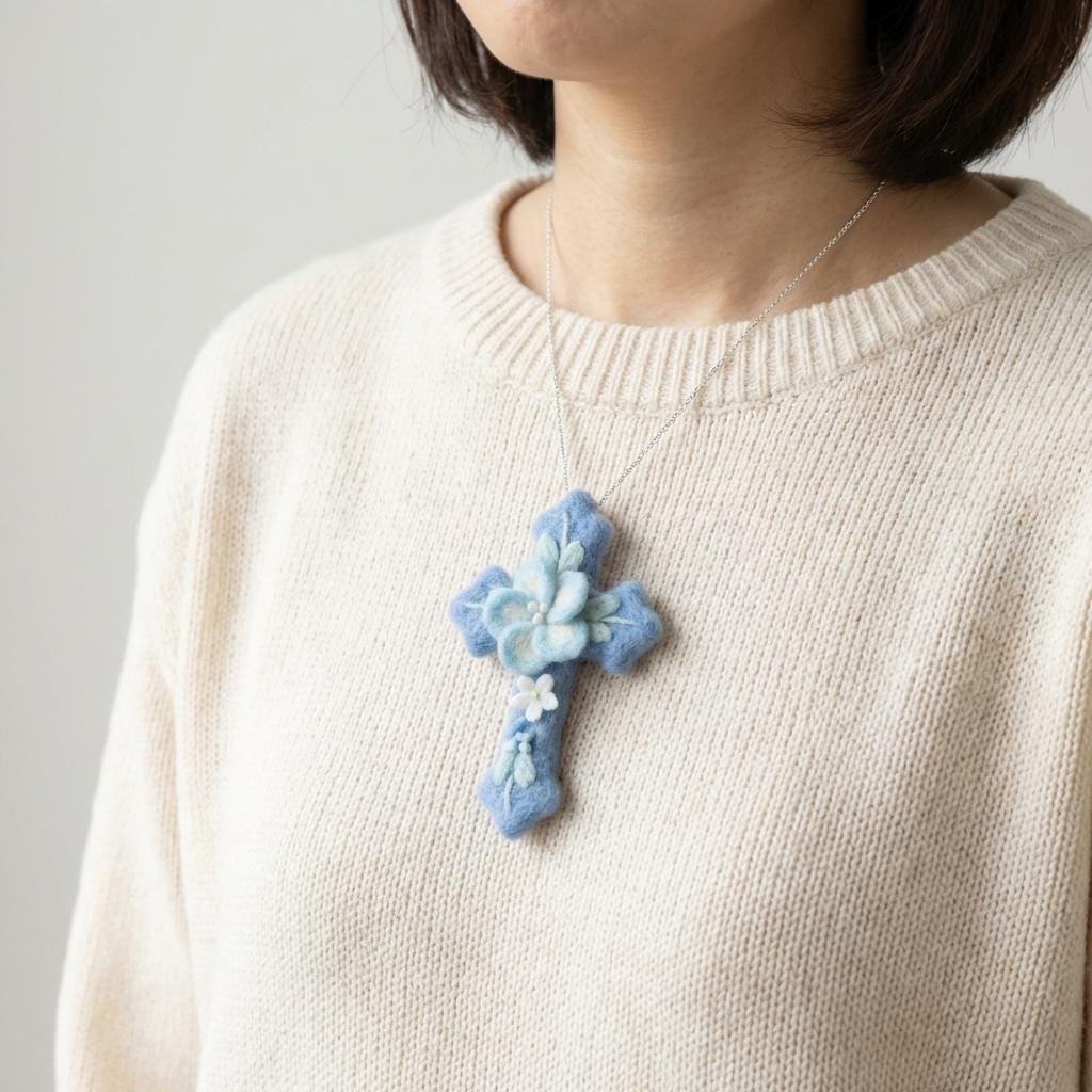 Hand felted wool floral cross pendant ¨C main view, handmade needle-felted Christian faith keepsake.