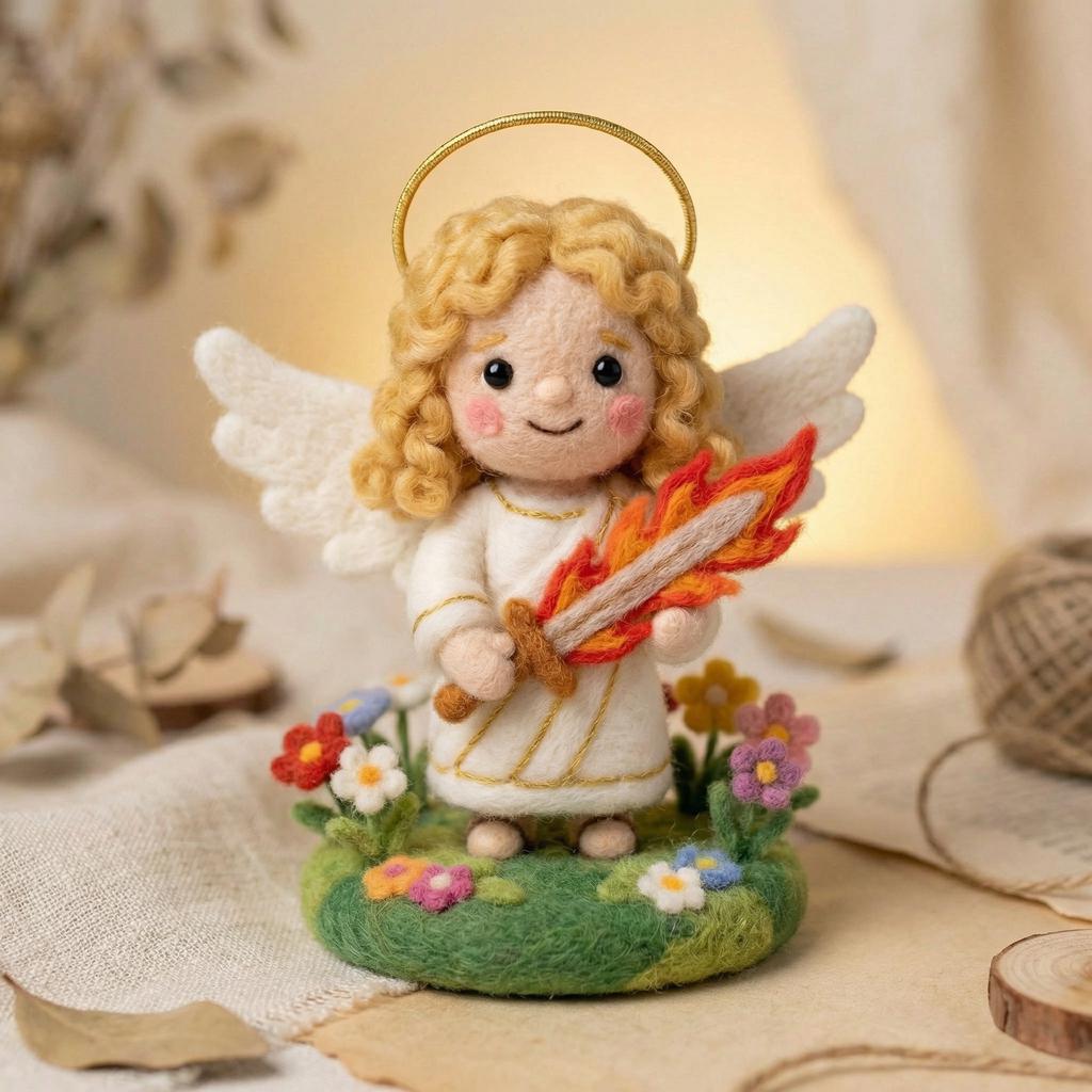 Needle felt angel figurine from Jiajia Felt Studio, Christian faith decor with detailed needle felted angel in religious decor style.