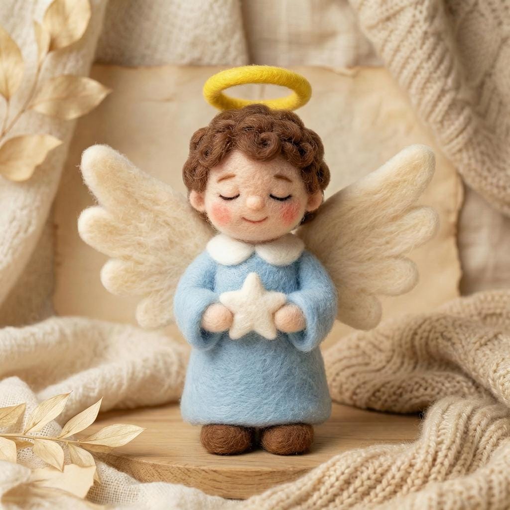 Needle felt angel figurine from Jiajia Felt Studio, Christian faith decor with detailed felted angel and delicate features.