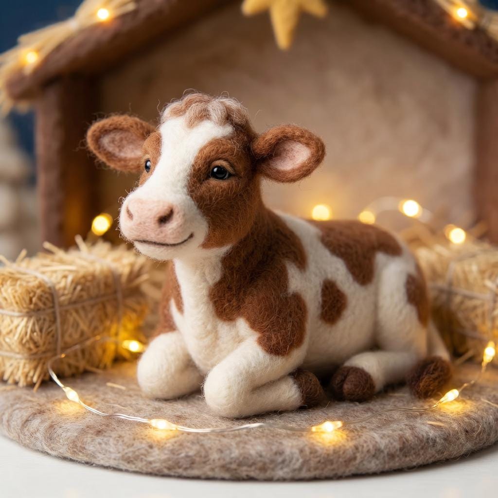 Hand felted nativity scene ¨C side angle showing handcrafted wool texture and details.