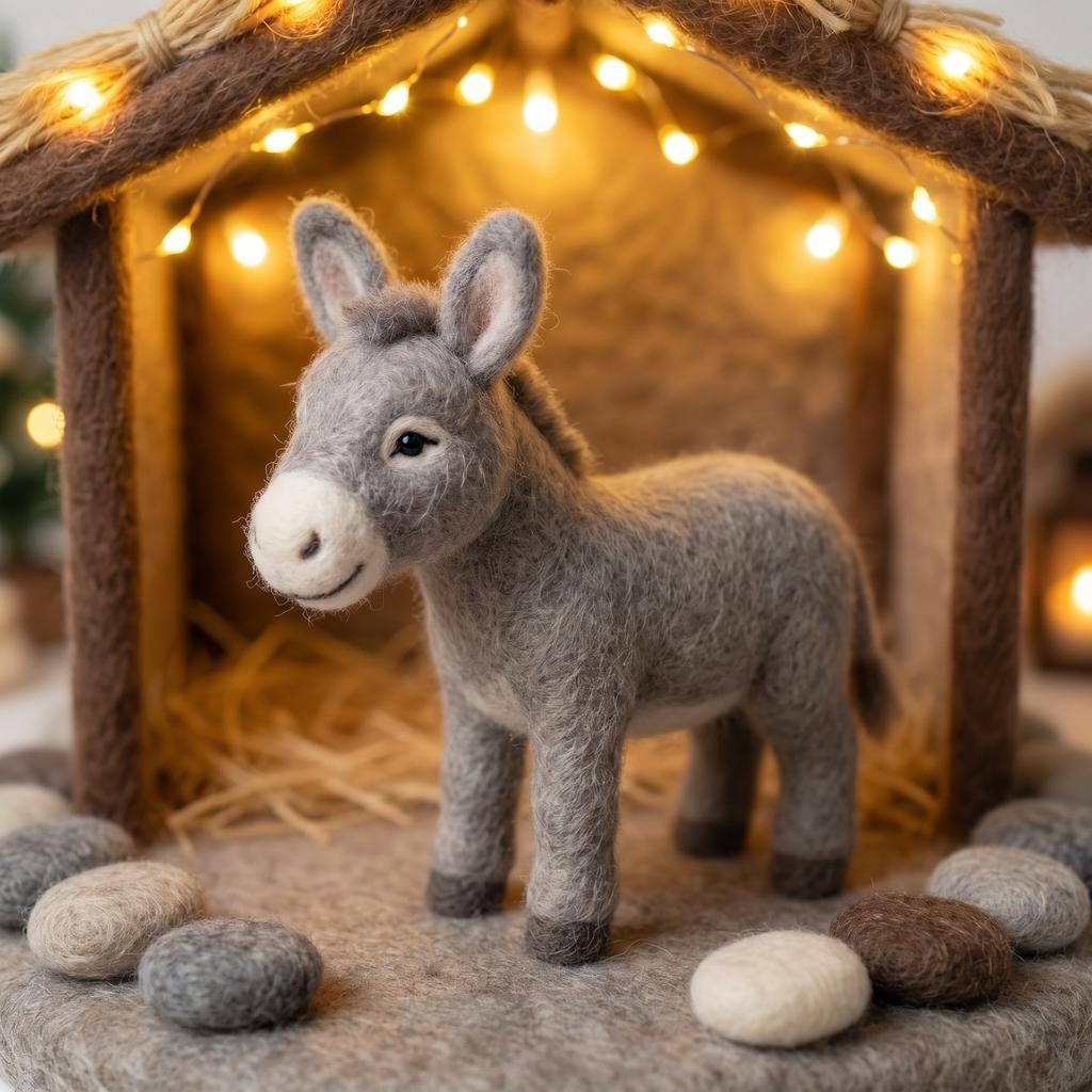 Hand felted nativity scene figurines from Jiajia Felt Studio, depicting Mary, Joseph, baby Jesus, and animals for Christian faith decor.