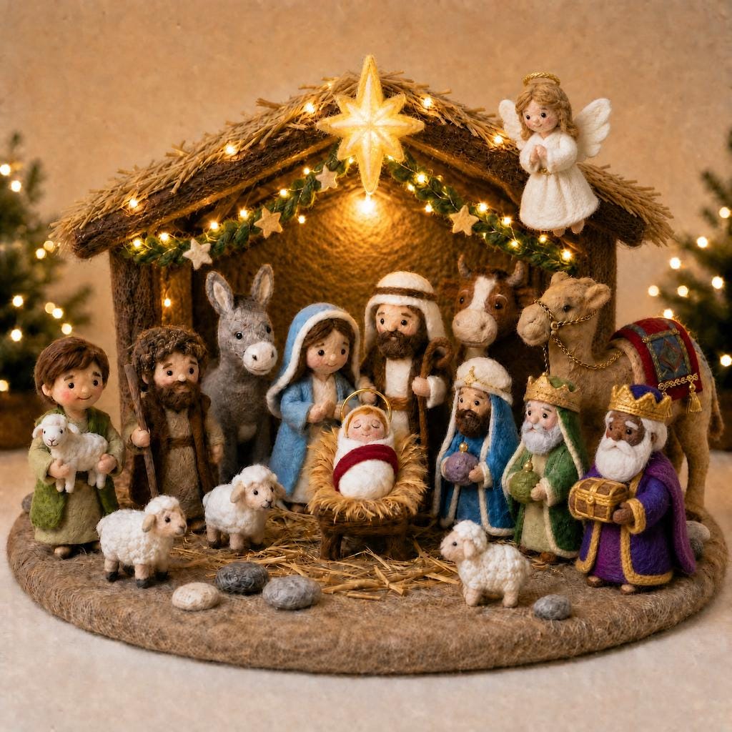 Hand felted nativity scene ¨C main view, handmade needle-felted Christian faith keepsake.