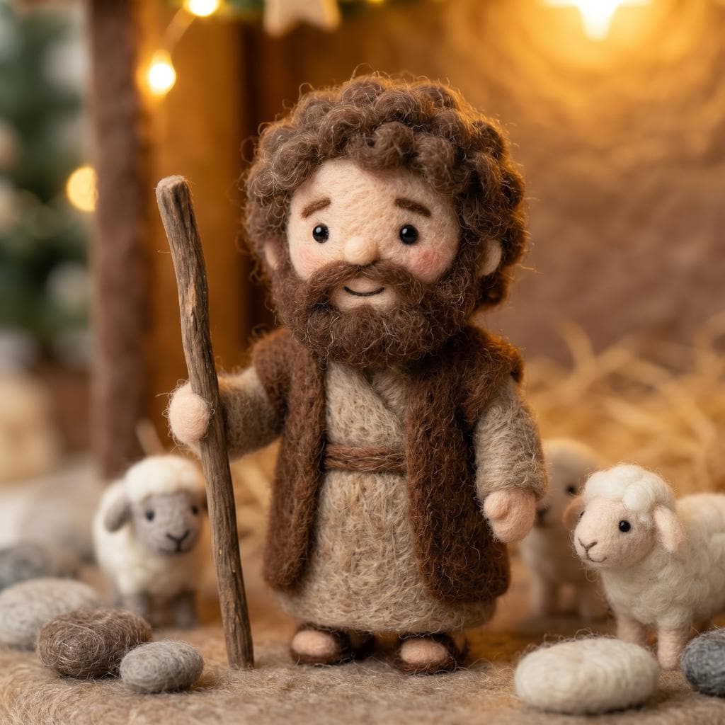 Hand felted Nativity scene by Jiajia Felt Studio, featuring detailed figures of Mary, Joseph, baby Jesus, and animals for Christian faith decor.