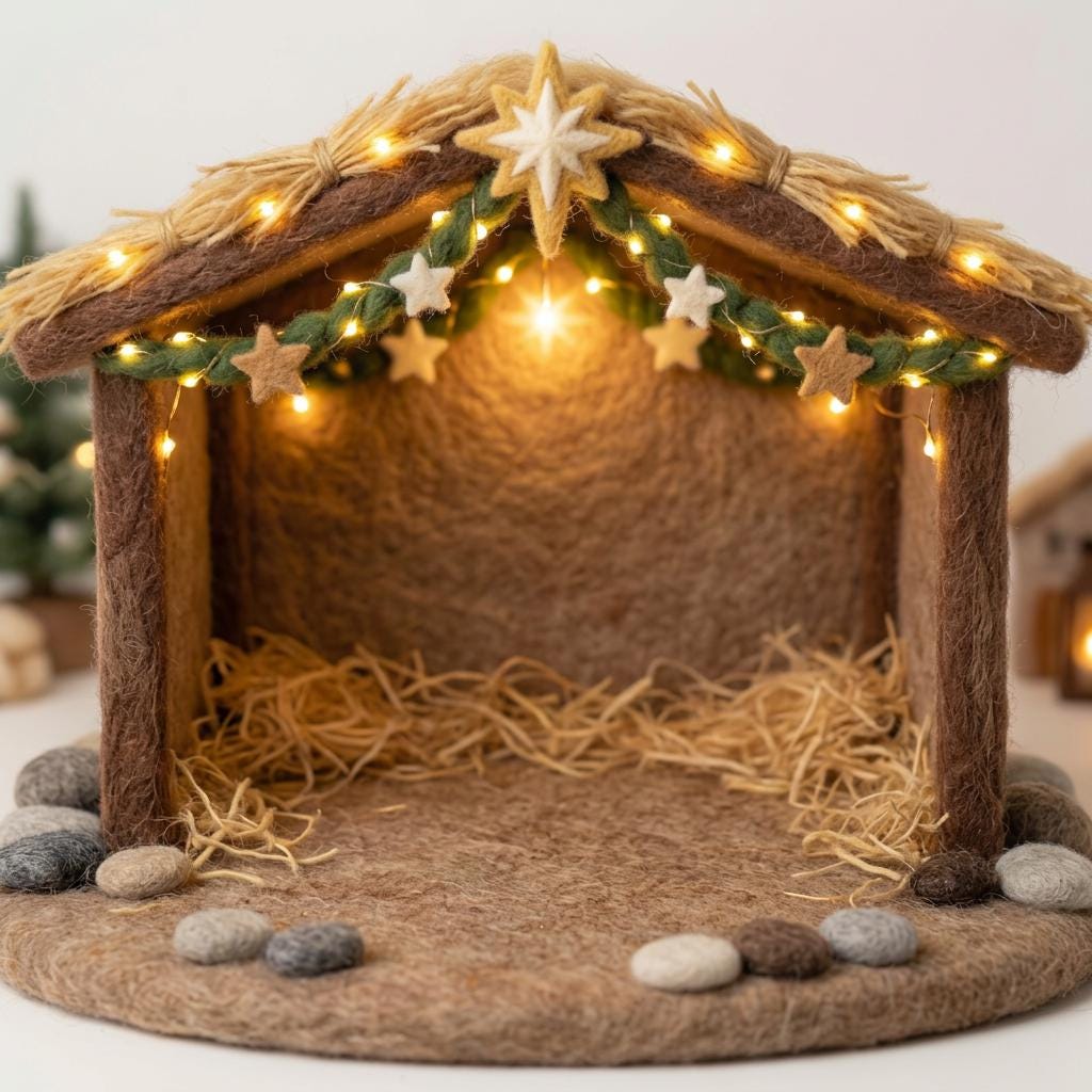 Hand felted nativity scene figurines from Jiajia Felt Studio, Christian faith decor with detailed felted characters in a nativity display.