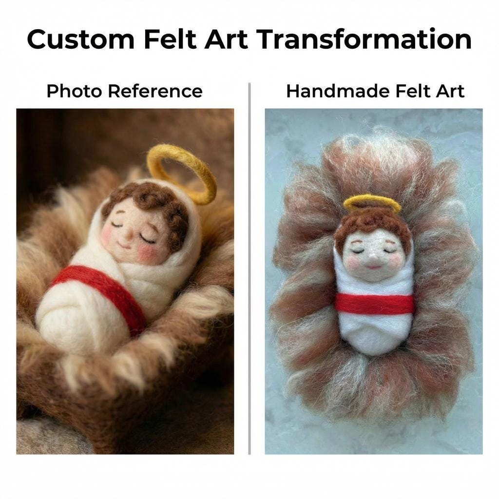 Felted nativity scene with figures of Mary, Joseph, baby Jesus, and animals, handcrafted by Jiajia Felt Studio for Christian faith decor.