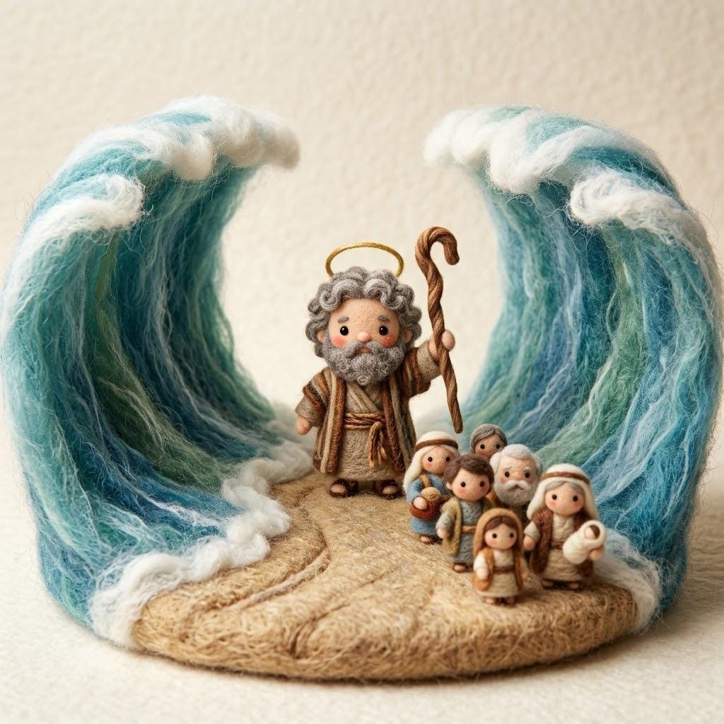 Needle felt Moses parting the sea scene by Jiajia Felt Studio, Christian faith decor with detailed biblical imagery.
