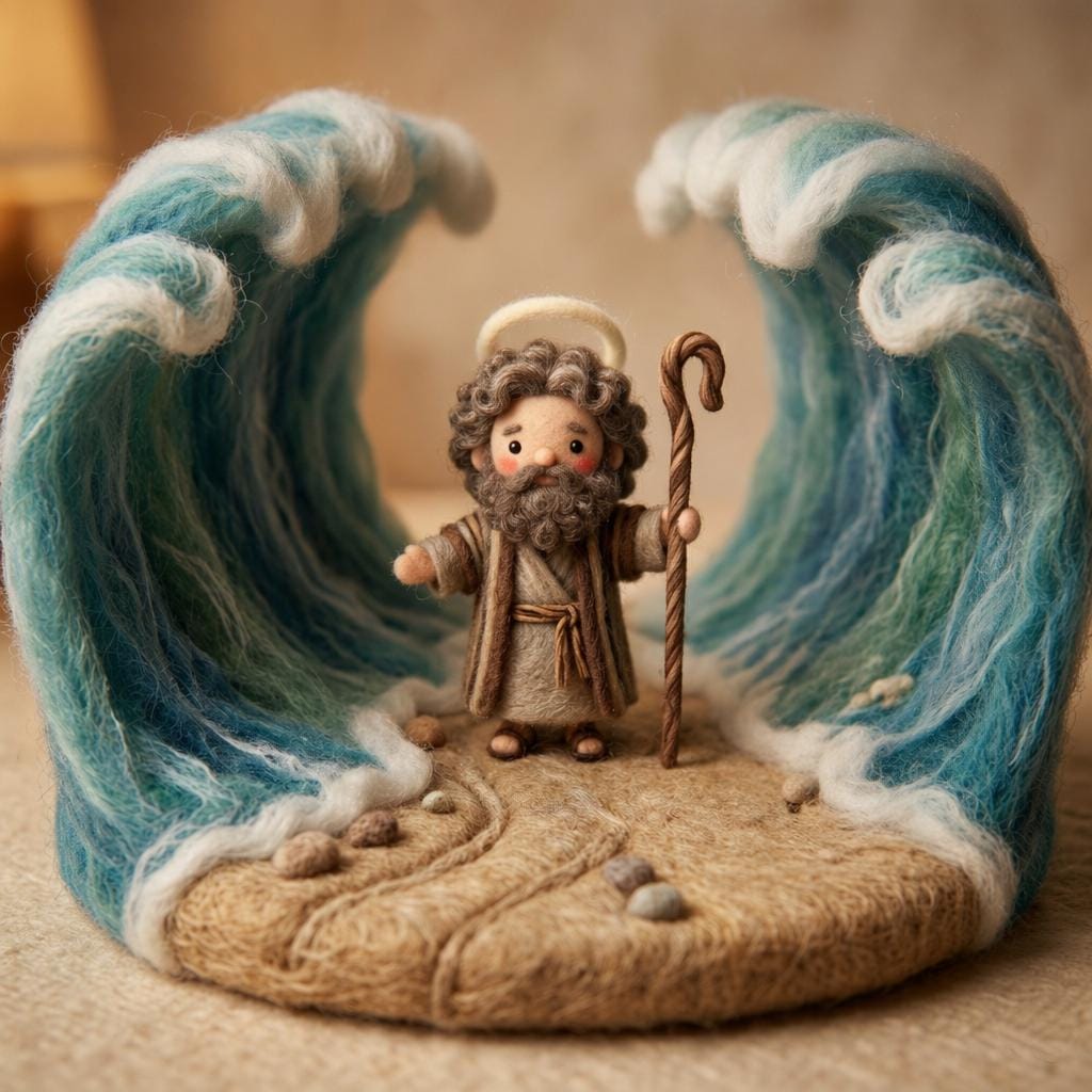Needle felt Moses parting the sea scene in Christian faith decor by Jiajia Felt Studio, featuring vibrant, handcrafted religious textile art.
