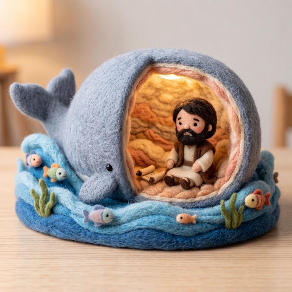 Needle felt jonah and the whale figurine ¨C main view, handmade needle-felted Christian faith keepsake.