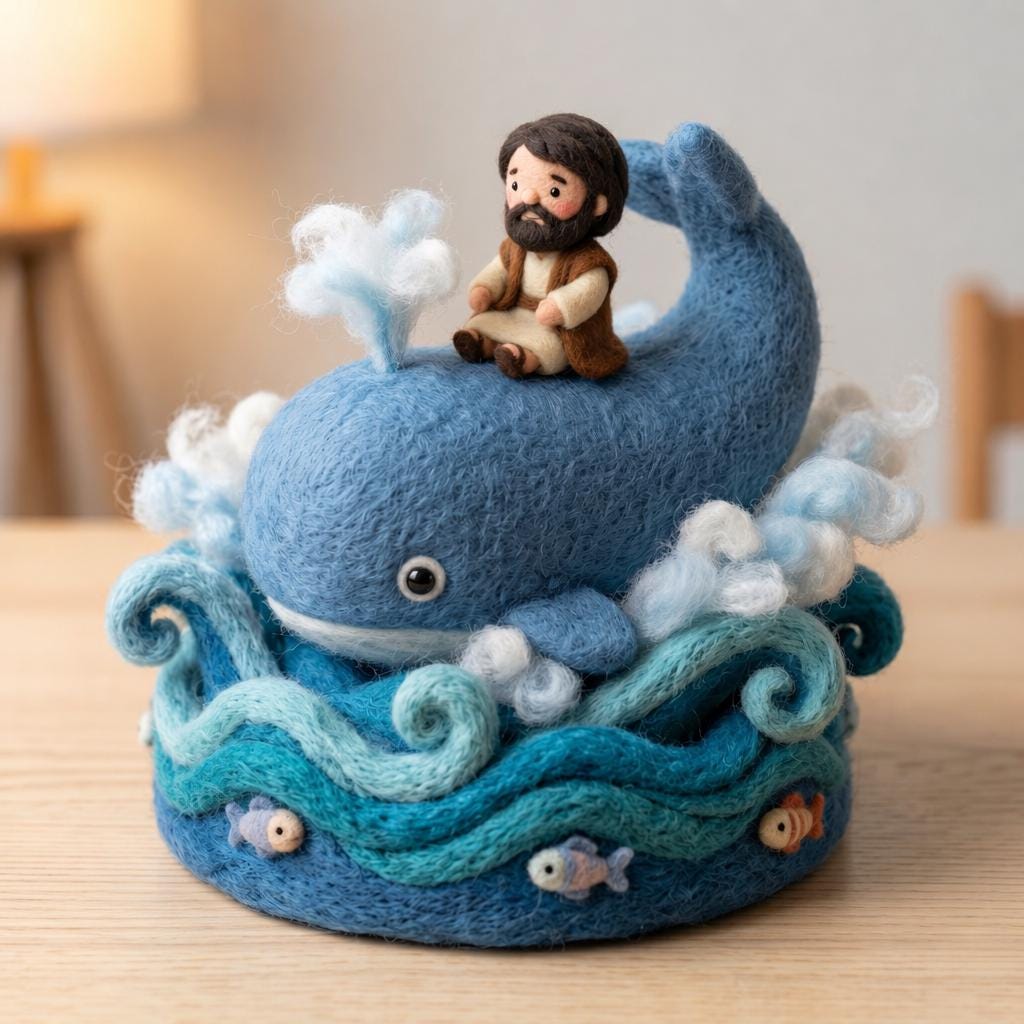 Needle felt Jonah and the Whale figurine from Jiajia Felt Studio, Christian faith decor, detailed needle felt religious sculpture.