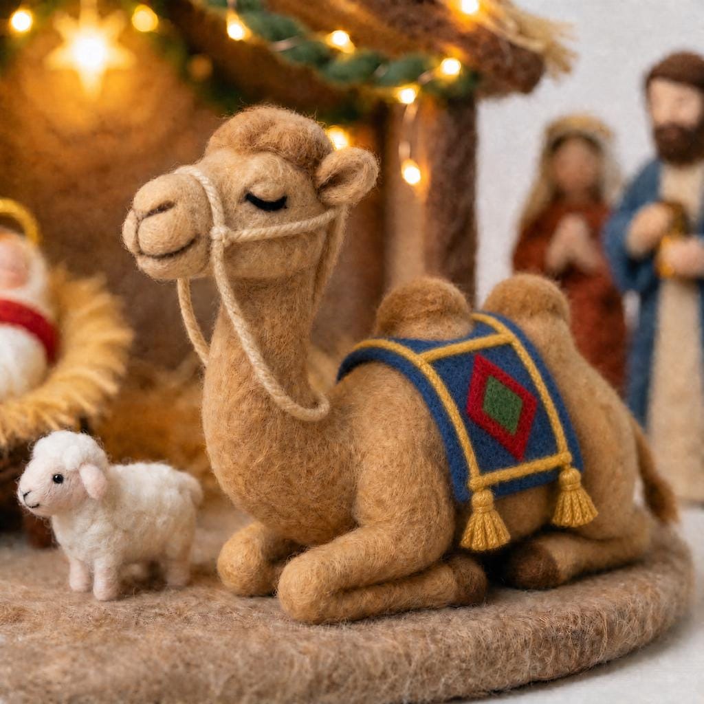 Hand felted Nativity scene by Jiajia Felt Studio, religious Christian faith decor with detailed felted figures of Mary, Joseph, and baby Jesus.