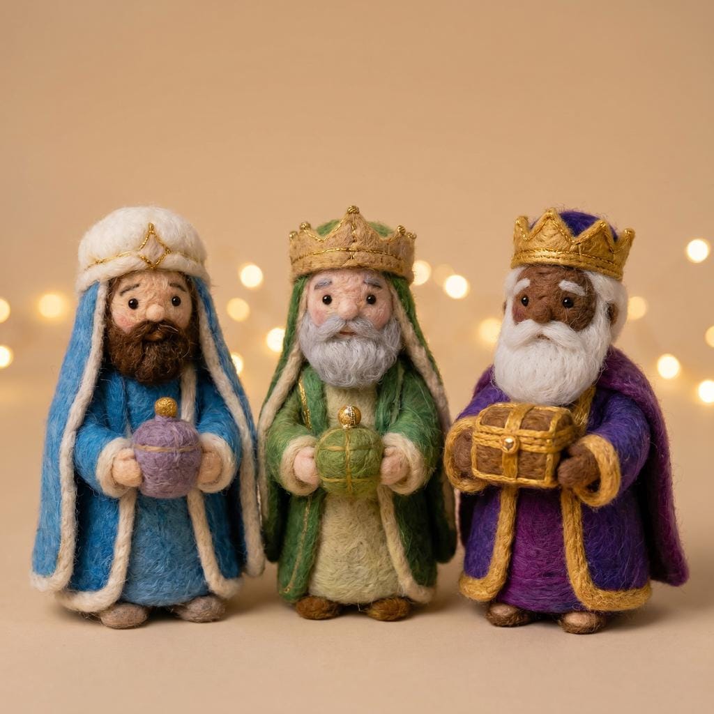 Hand felted nativity scene by Jiajia Felt Studio, Christian faith decor featuring handcrafted figures of the nativity for religious display.