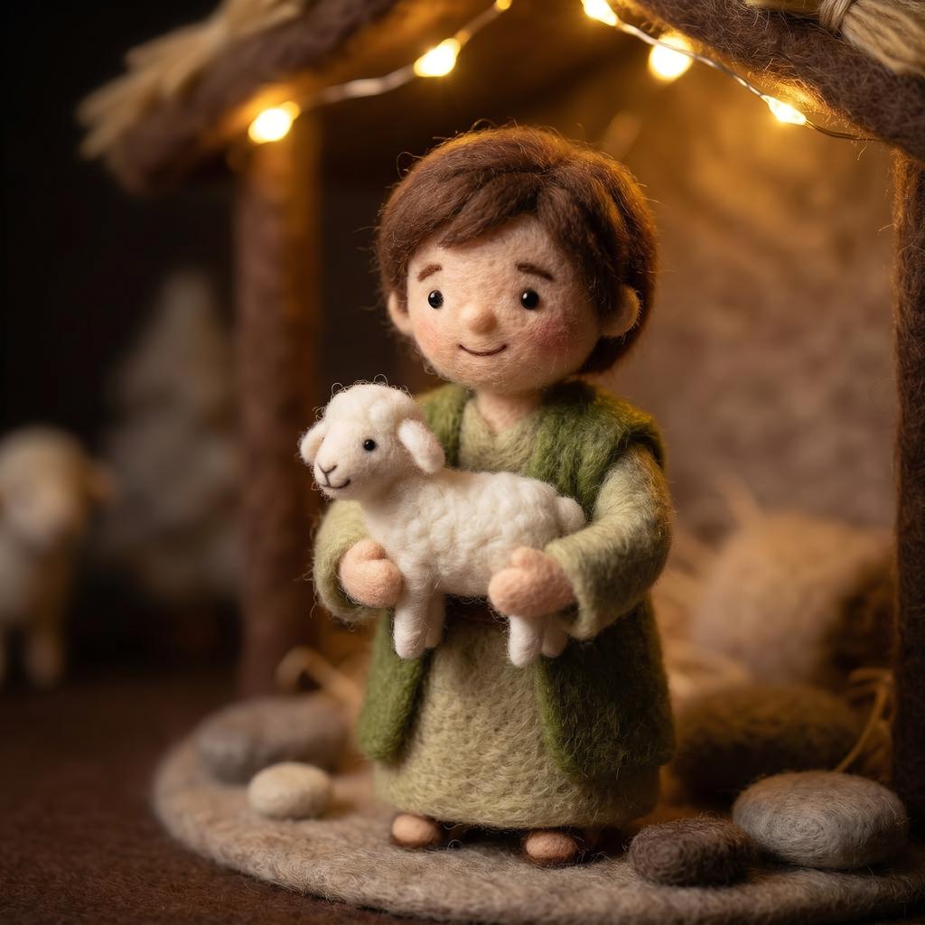 Hand felted nativity scene by Jiajia Felt Studio depicting Mary, Joseph, and baby Jesus for Christian faith decor.