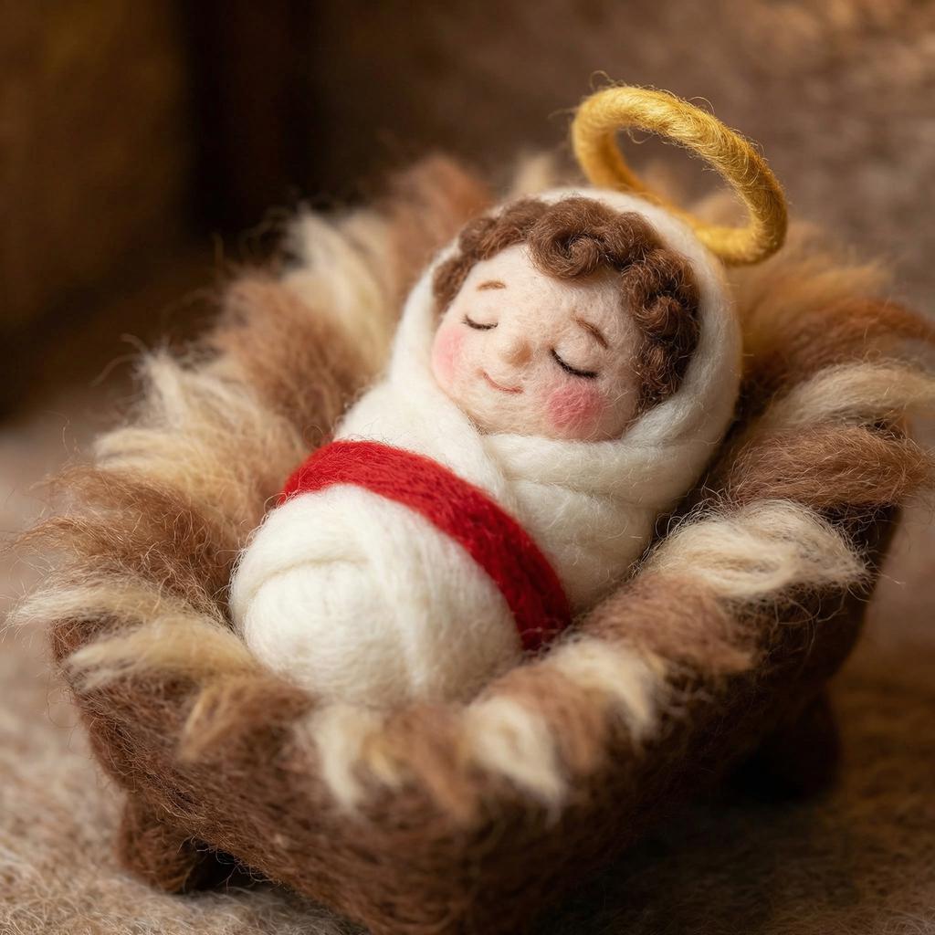 Needle felt Easter Nativity scene by Jiajia Felt Studio featuring handcrafted religious decor with figurines of Mary, Joseph, and baby Jesus.