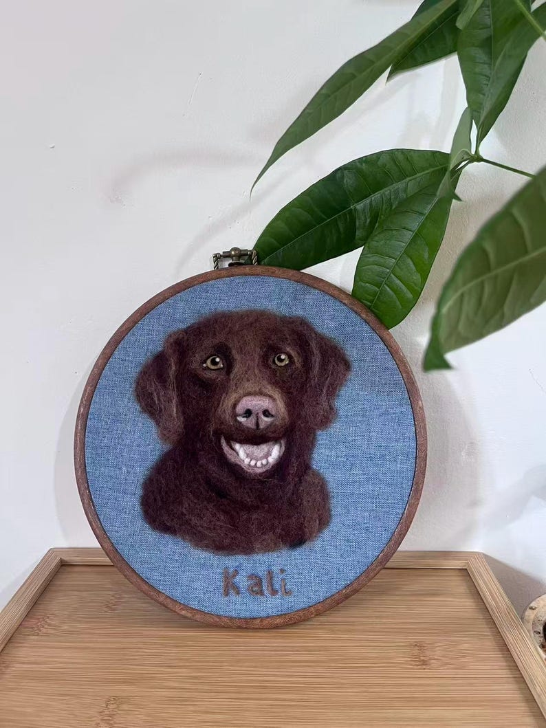 Personalized dog bust portrait in a hoop with embroidered name