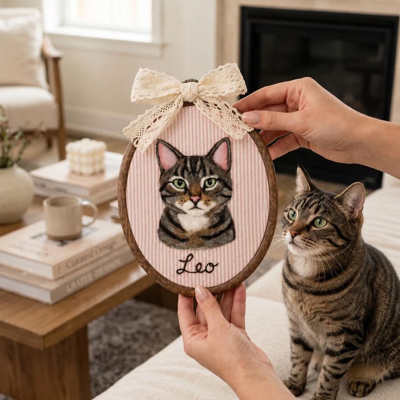 Tabby cat wool portrait with embroidered name in an oval hoop