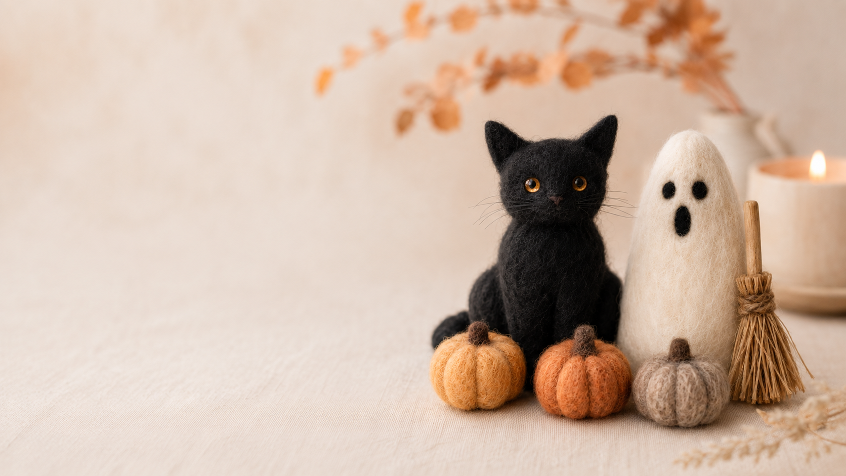 Handmade wool felt black cat, ghost and pumpkins for Halloween