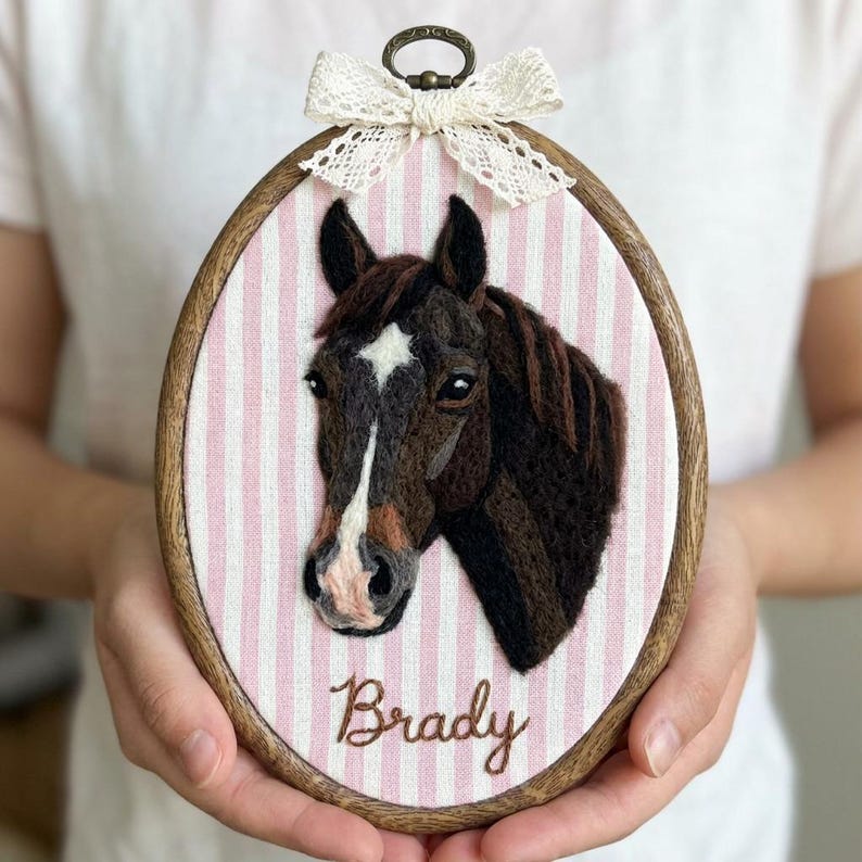 Personalized wool felt horse portrait with name on striped fabric