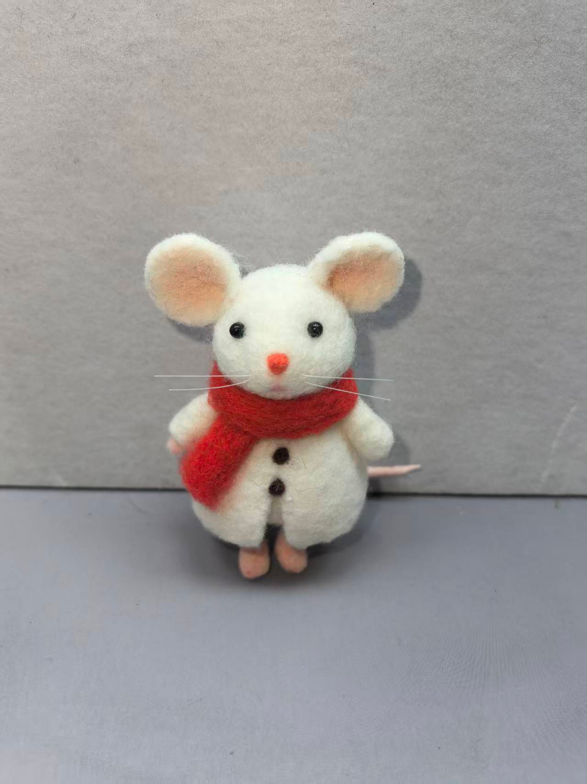 Real studio photo: needle felted white mouse in a red scarf with button coat (Style B)