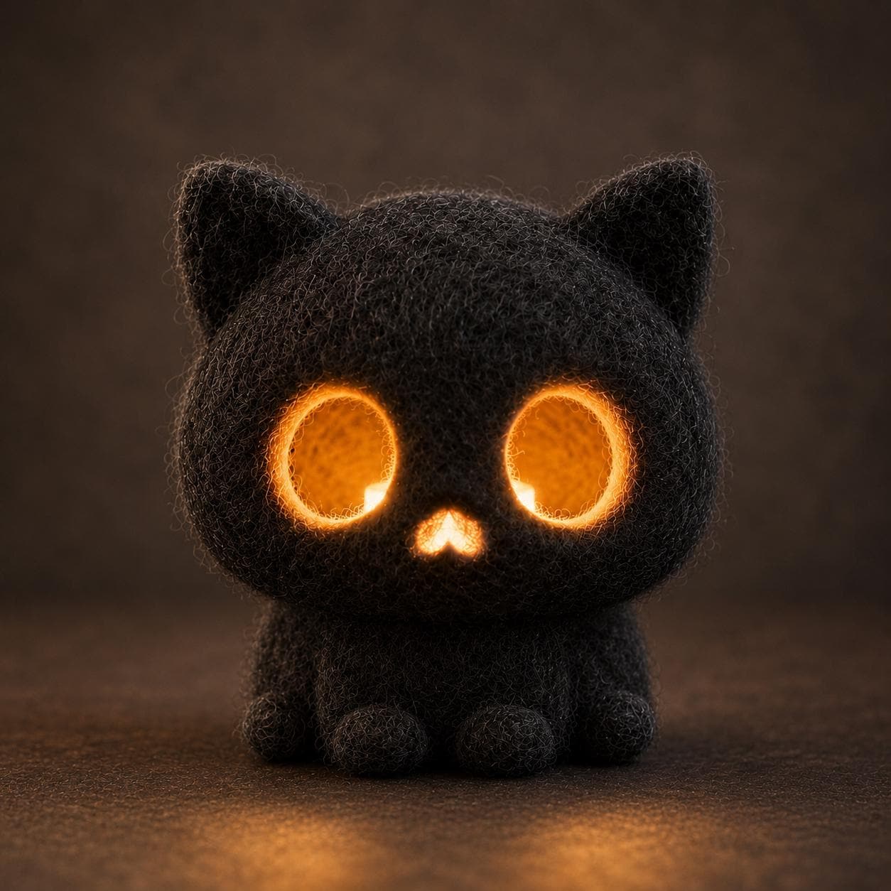 Light-up needle felted black cat with glowing orange eyes
