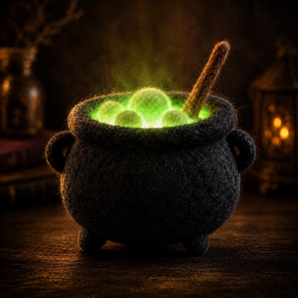Light-up needle felted cauldron glowing green with stirring stick