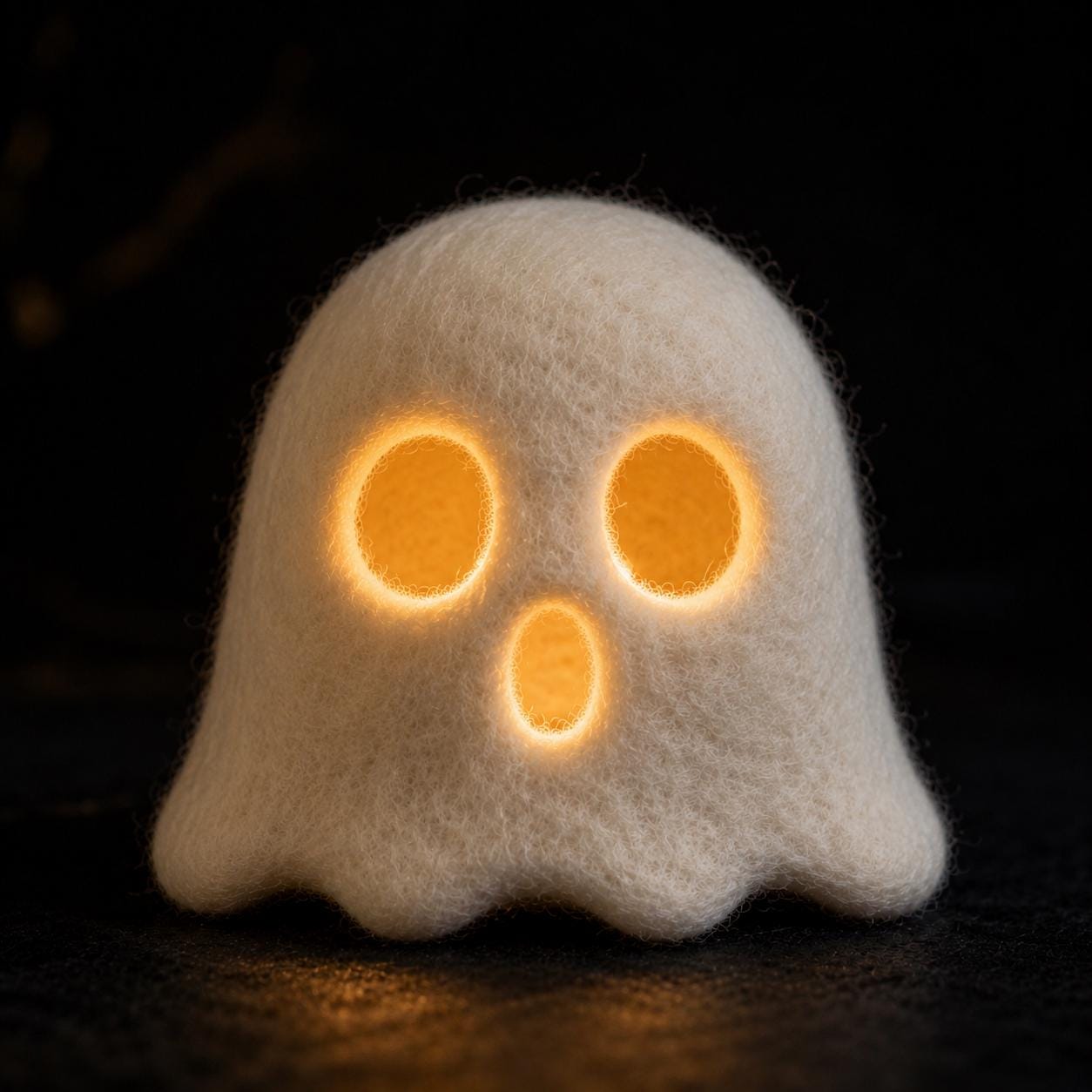 Light-up needle felted ghost with glowing eyes and mouth
