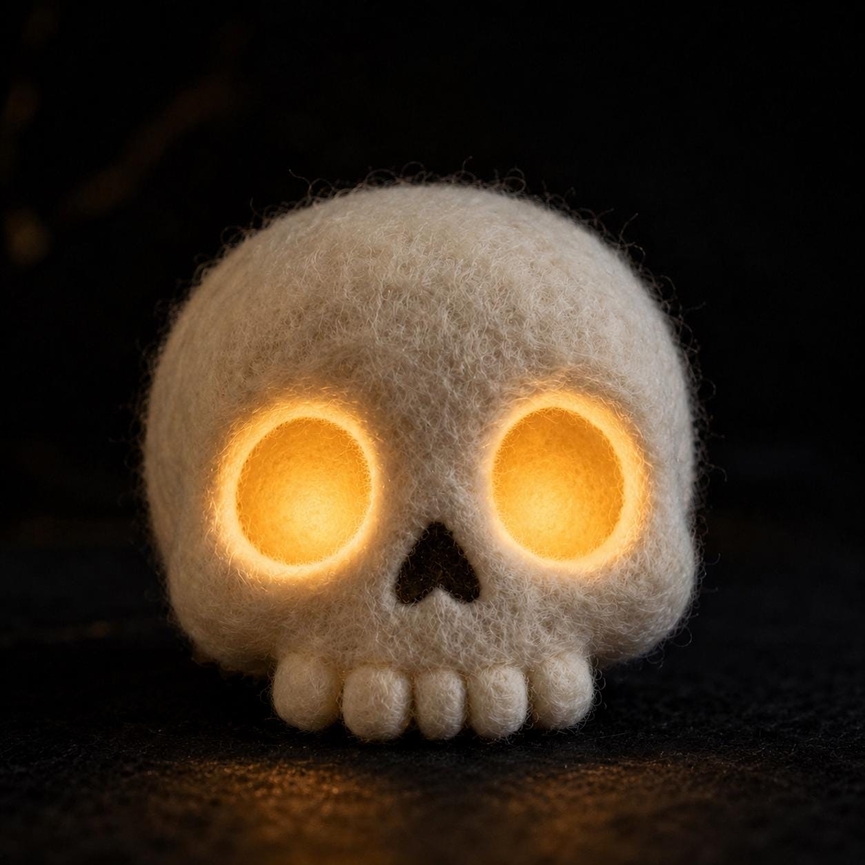 Light-up needle felted skull with glowing orange eye sockets