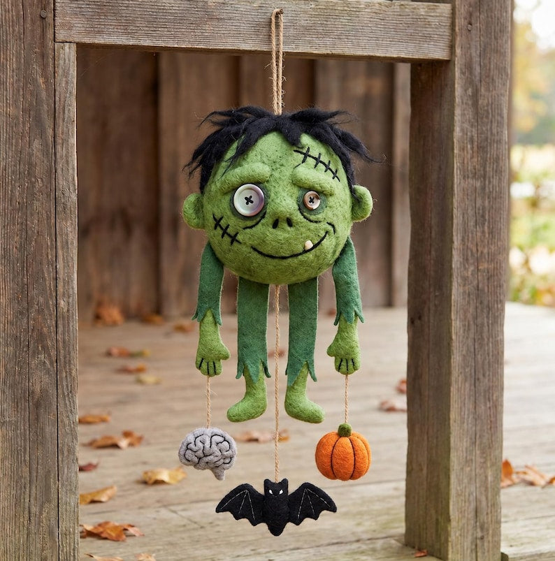 Handmade needle felted Halloween wall hanging - Green Monster