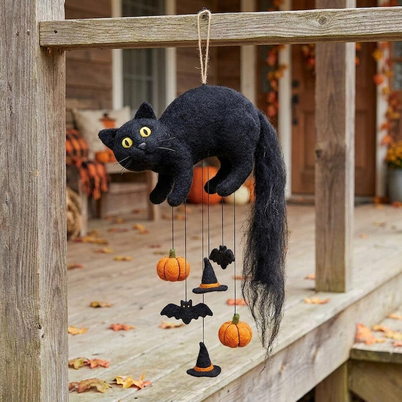 Handmade needle felted Halloween wall hanging - Black Cat