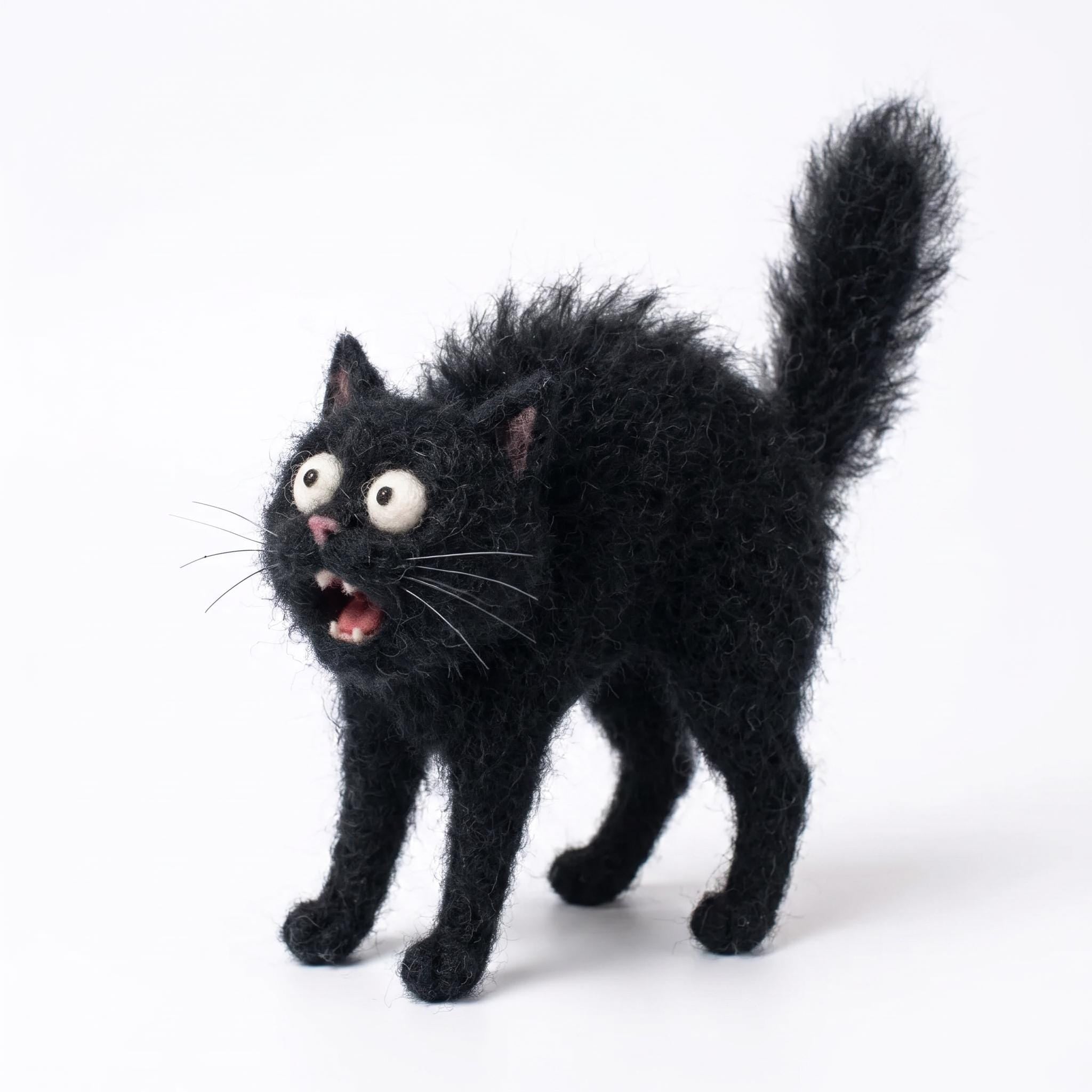 Needle felted startled black cat figurine with arched back