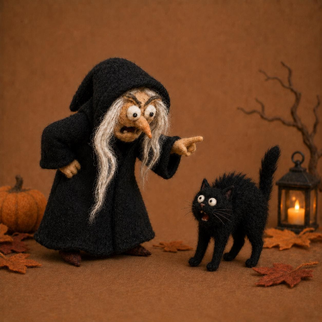 Needle felted witch figurine pointing at a startled black cat, with mini pumpkin and lantern