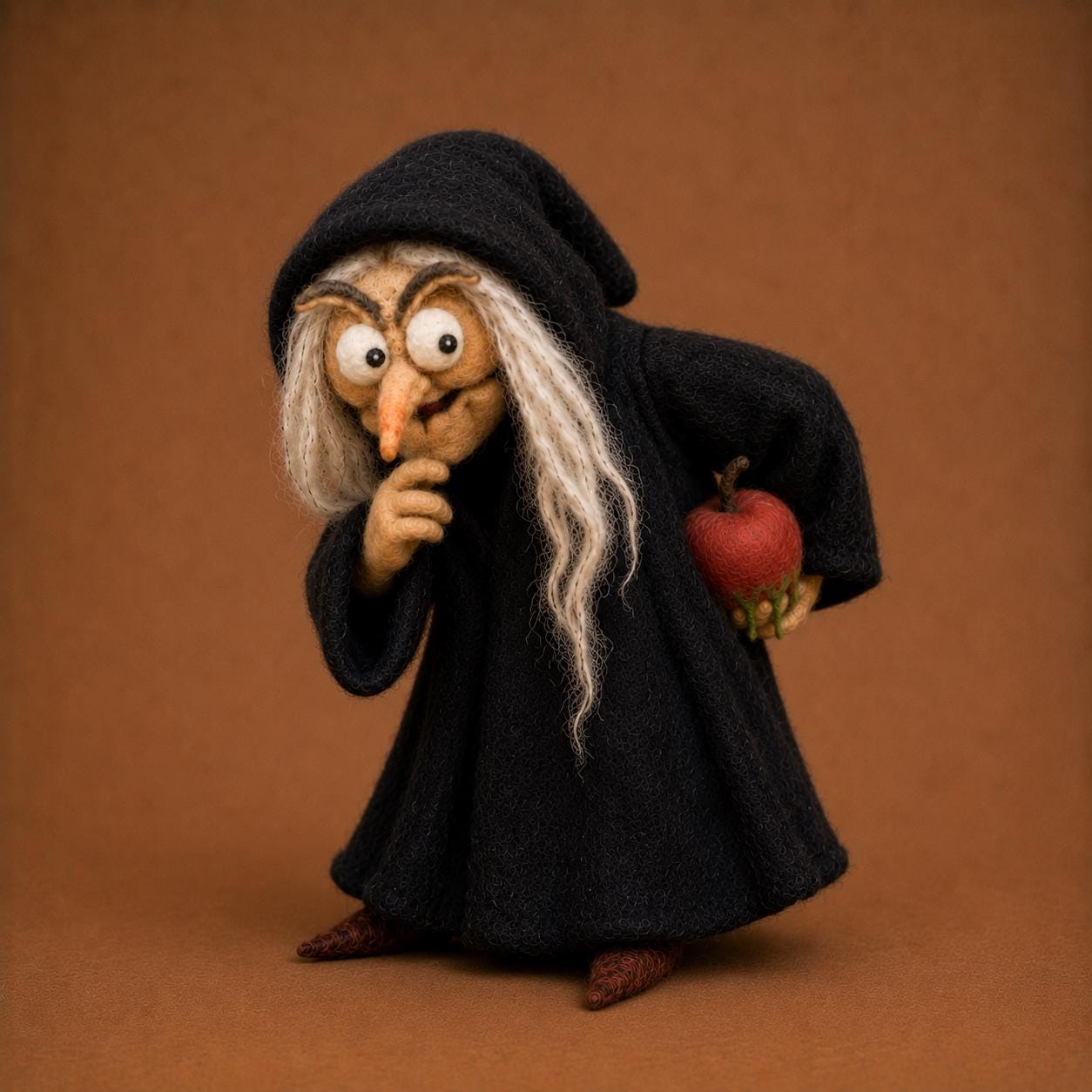 Needle felted witch figurine hiding a red apple behind her back
