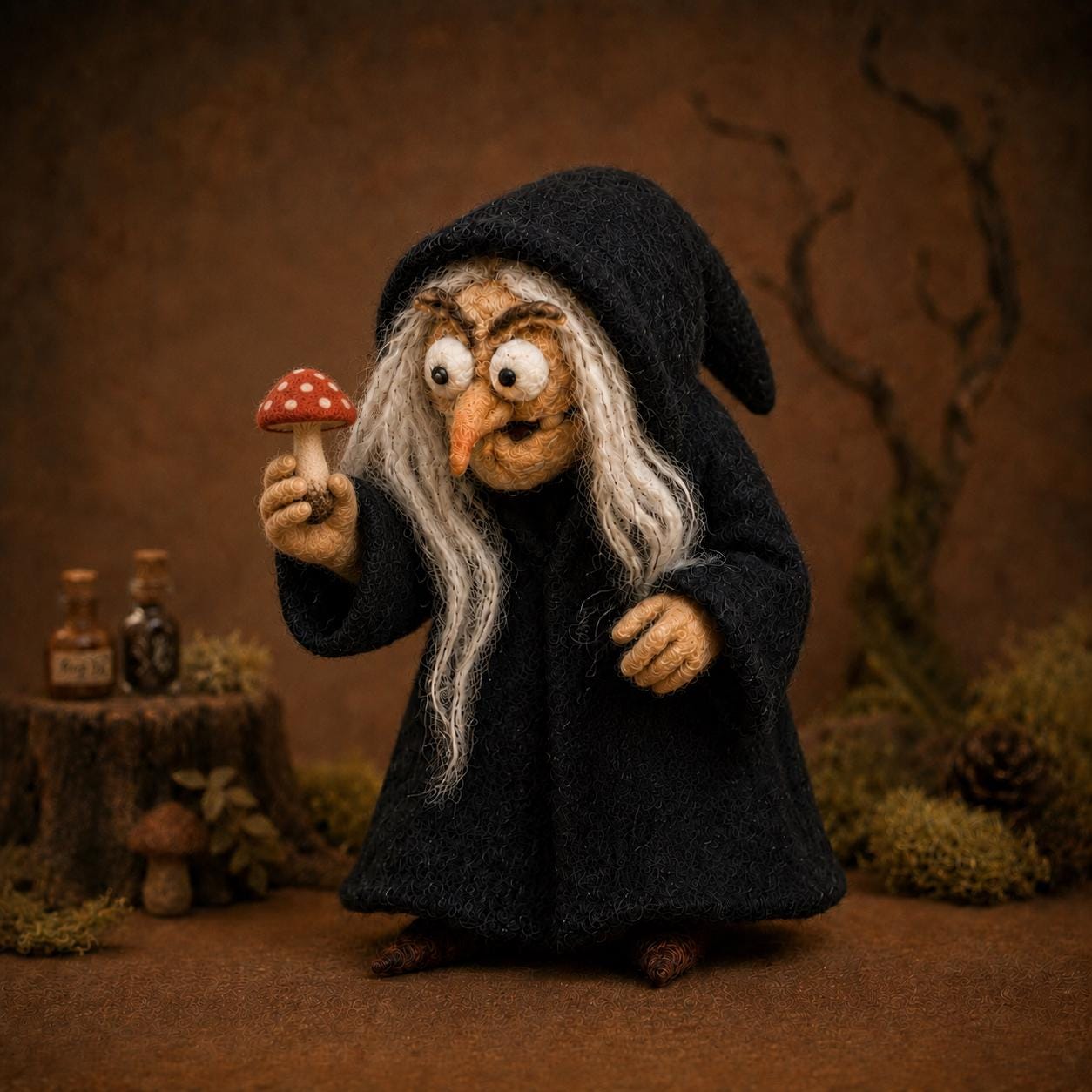 Needle felted witch figurine holding a red spotted mushroom