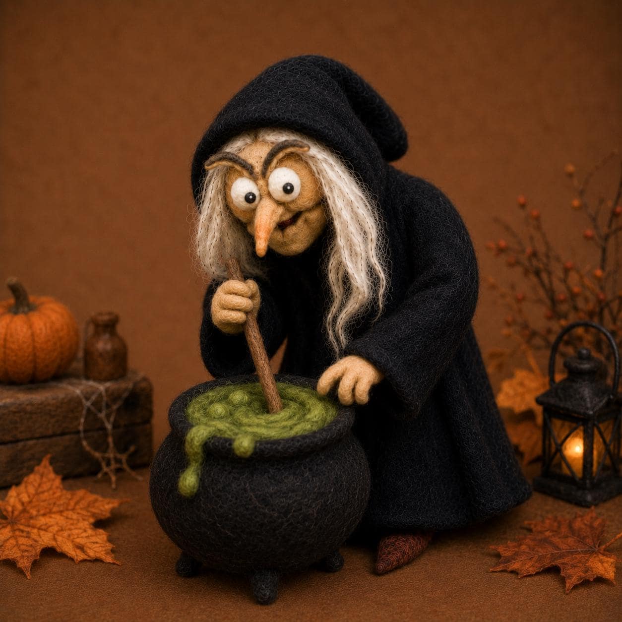 Needle felted witch figurine stirring a black cauldron of green potion